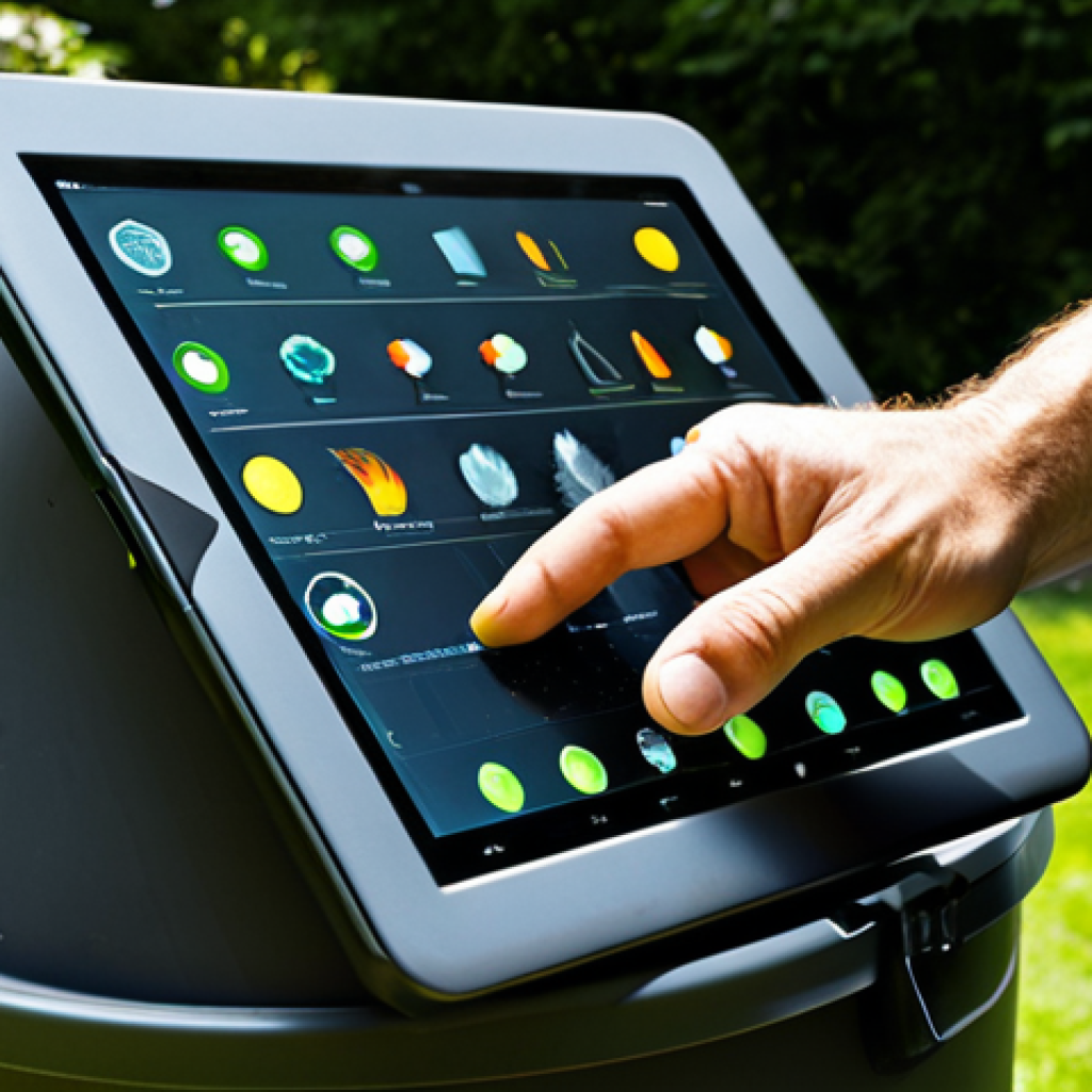 **

A person in gardening attire, fully clothed, using a digital tablet to monitor the temperature of a compost bin in a lush garden setting. The compost bin has visible sensors attached. Sunlight filters through the trees, highlighting the garden. safe for work, appropriate content, modest, professional photography, perfect anatomy, correct proportions, natural pose, well-formed hands, proper finger count, natural body proportions.

**
