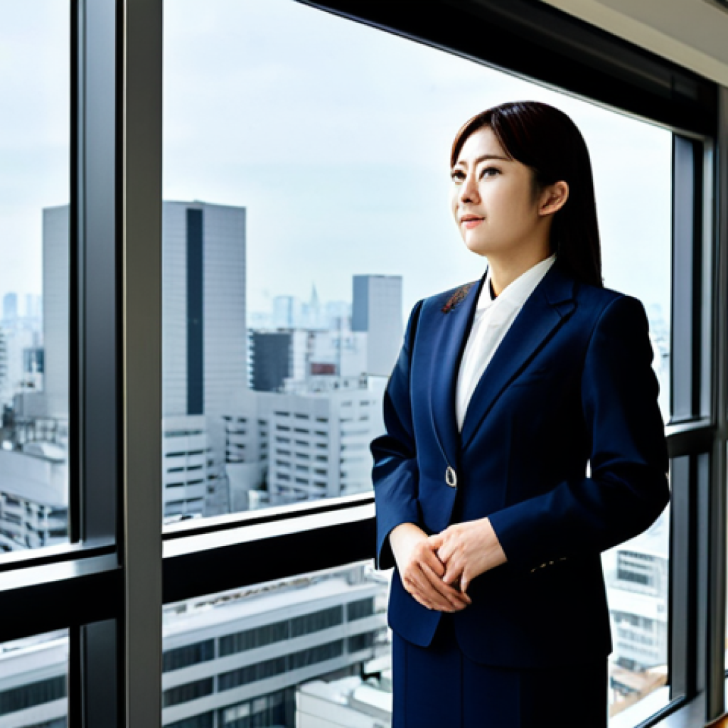 퇴비화 시스템 운영 중 발생하는 법적 문제 - **Image Prompt:** "A professional Japanese woman in a modest business suit, standing in a modern off...