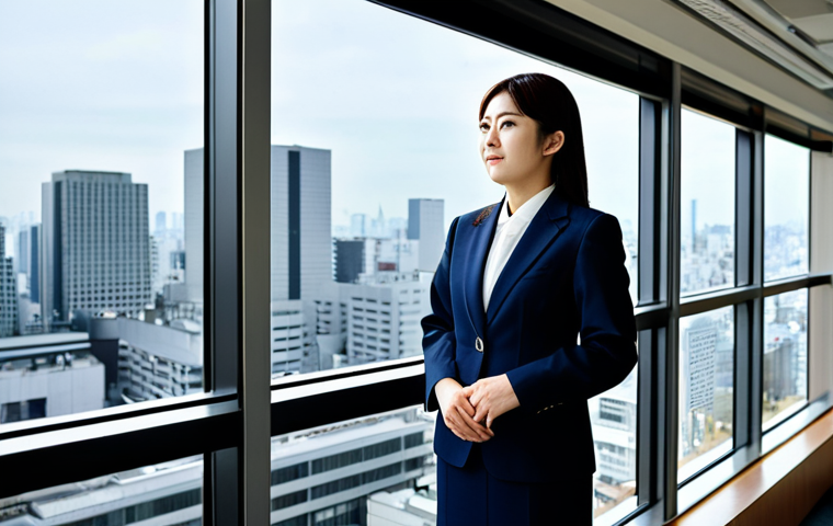 퇴비화 시스템 운영 중 발생하는 법적 문제 - **Image Prompt:** "A professional Japanese woman in a modest business suit, standing in a modern off...