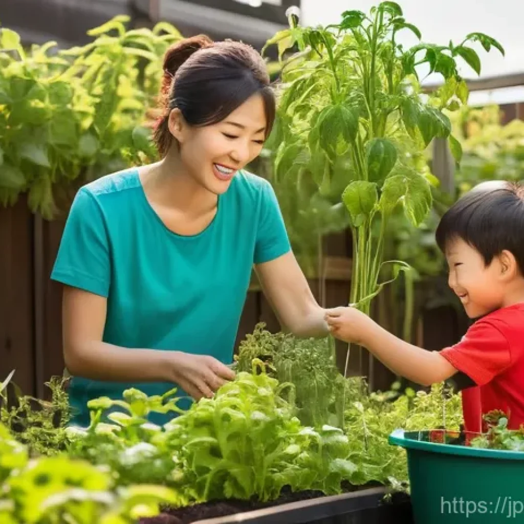 퇴비화 시스템 구축을 위한 법적 요건 - A cheerful Japanese mother and her child, approximately 7 years old, are happily tending to their vi...