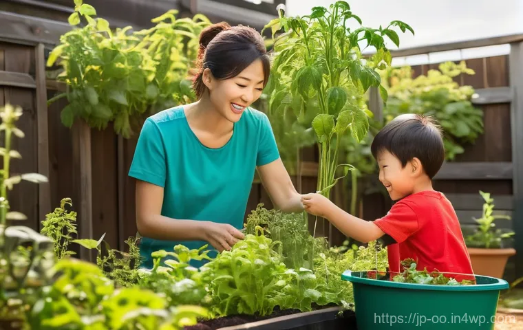 퇴비화 시스템 구축을 위한 법적 요건 - A cheerful Japanese mother and her child, approximately 7 years old, are happily tending to their vi...