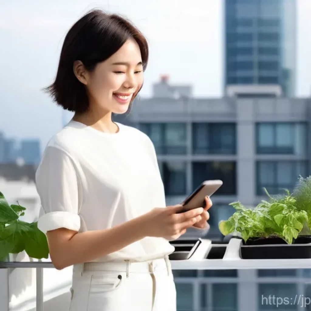 퇴비화 시스템의 글로벌 트렌드 - **Prompt:** A cheerful Japanese woman in her late 20s, with short, stylish hair, stands on a modern,...