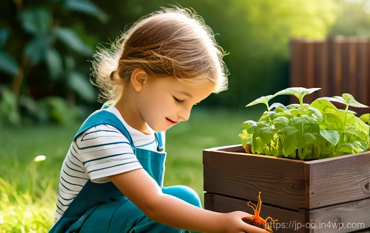 퇴비화 시스템과 지속 가능한 농업 - **A Curious Child and the Vermicompost**
    Prompt: A cheerful, ethnically diverse child, around 8-...