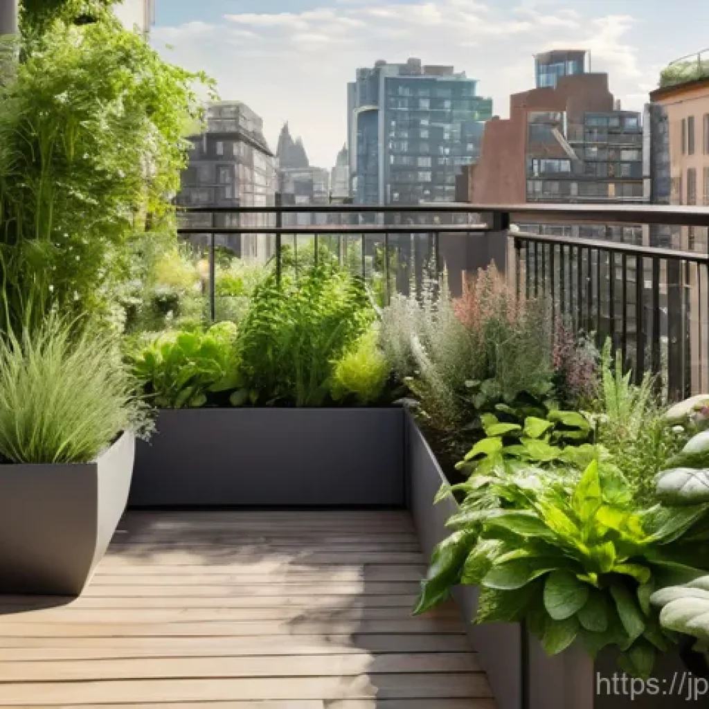 퇴비화 시스템과 도시 농업의 관계 - A serene and inviting urban balcony garden bathed in soft morning light. A woman, in her early 30s a...