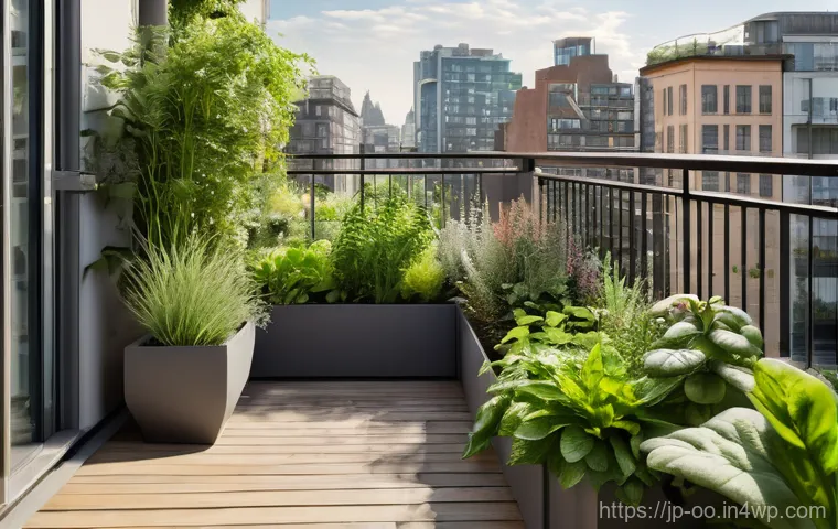 퇴비화 시스템과 도시 농업의 관계 - A serene and inviting urban balcony garden bathed in soft morning light. A woman, in her early 30s a...