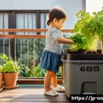 퇴비화 시스템의 장점과 단점 - A cozy Japanese home garden scene featuring a compact, plastic compost bin on a balcony with neatly ...