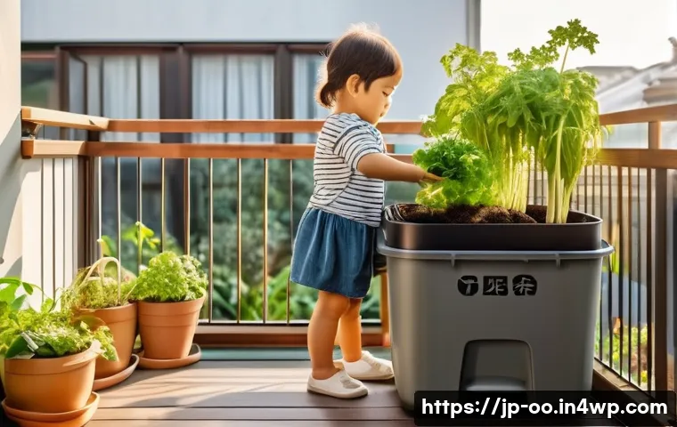 퇴비화 시스템의 장점과 단점 - A cozy Japanese home garden scene featuring a compact, plastic compost bin on a balcony with neatly ...