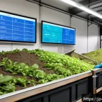 퇴비화 시스템의 국제적 사례 연구 - A modern composting facility interior featuring advanced IoT smart sensors visibly attached to compo...