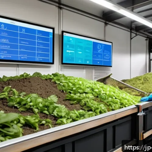 퇴비화 시스템의 국제적 사례 연구 - A modern composting facility interior featuring advanced IoT smart sensors visibly attached to compo...