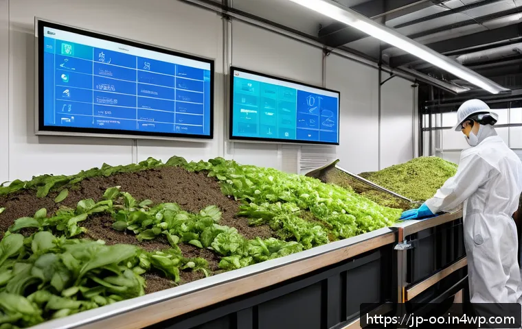 퇴비화 시스템의 국제적 사례 연구 - A modern composting facility interior featuring advanced IoT smart sensors visibly attached to compo...
