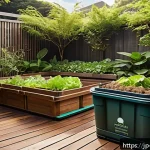 퇴비화 시스템의 환경적 영향 - A vibrant Japanese organic garden scene showing a family composting kitchen vegetable scraps with la...