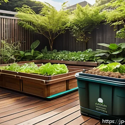 퇴비화 시스템의 환경적 영향 - A vibrant Japanese organic garden scene showing a family composting kitchen vegetable scraps with la...