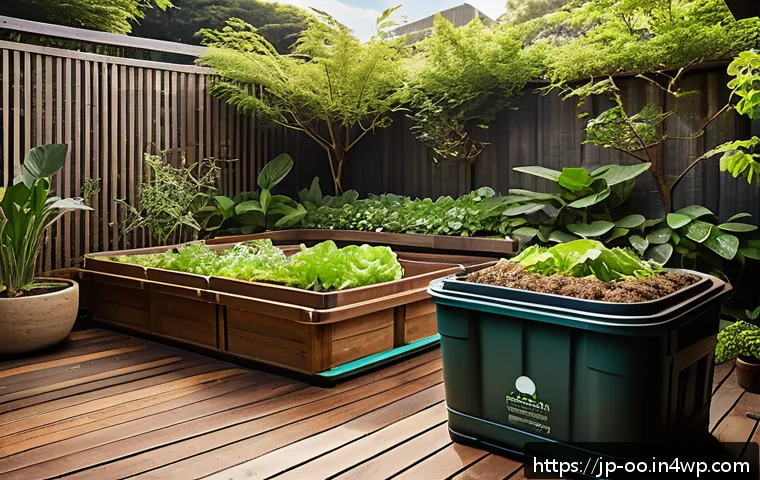 퇴비화 시스템의 환경적 영향 - A vibrant Japanese organic garden scene showing a family composting kitchen vegetable scraps with la...