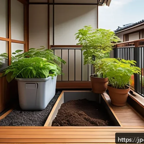 퇴비화 과정에서의 미생물 역할 - A detailed and realistic image of a home compost setup on a Japanese-style balcony, featuring a plas...