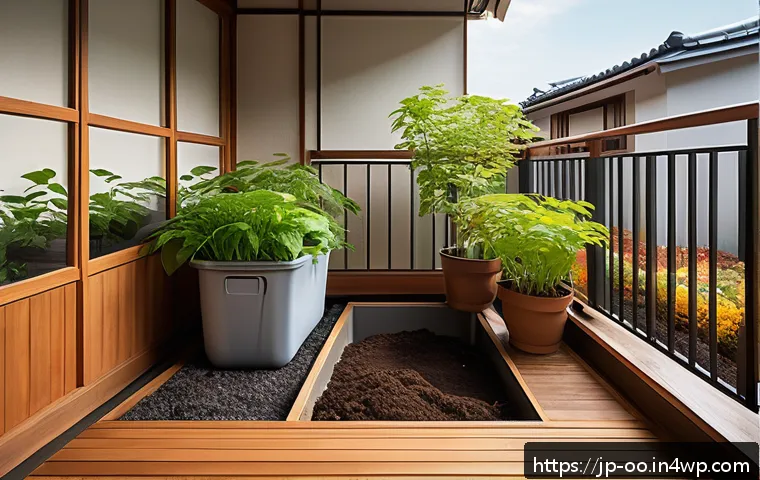 퇴비화 과정에서의 미생물 역할 - A detailed and realistic image of a home compost setup on a Japanese-style balcony, featuring a plas...