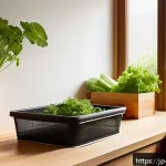 퇴비화 시스템을 통한 기후 행동 촉진 - A cozy modern Japanese kitchen corner featuring a small, well-ventilated compost bin made of natural...