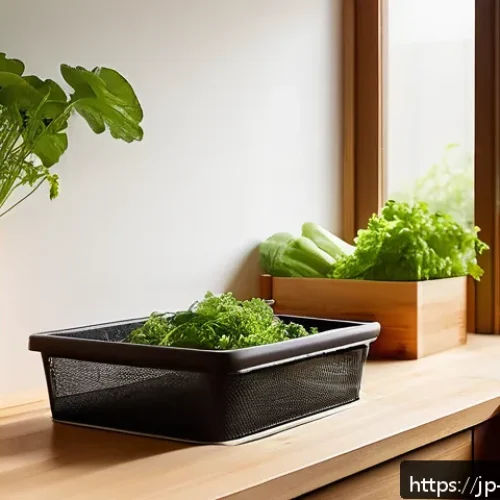 퇴비화 시스템을 통한 기후 행동 촉진 - A cozy modern Japanese kitchen corner featuring a small, well-ventilated compost bin made of natural...