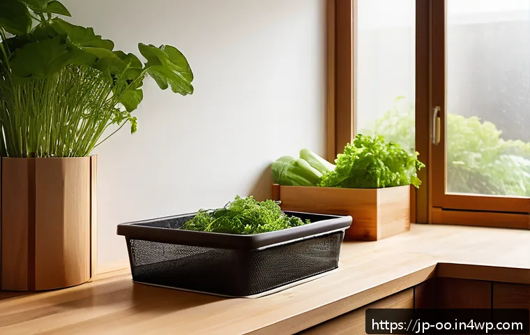 퇴비화 시스템을 통한 기후 행동 촉진 - A cozy modern Japanese kitchen corner featuring a small, well-ventilated compost bin made of natural...