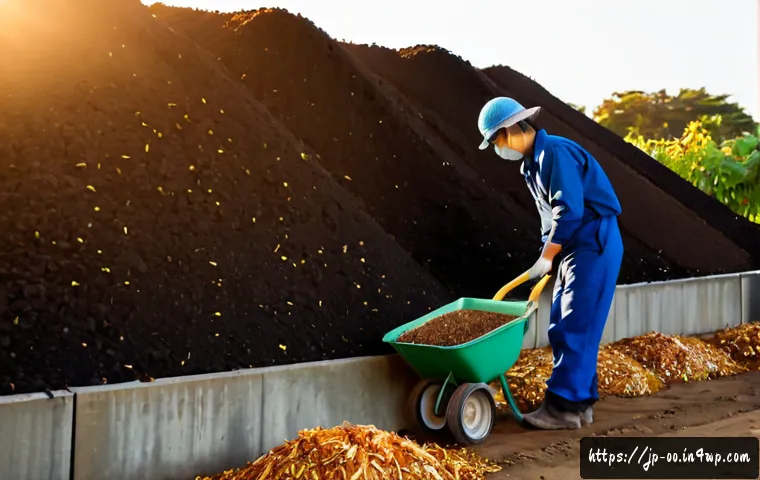 퇴비화 시스템의 자원 관리 전략 - Photorealistic Japanese community composting facility at sunrise, a neat row of separated organic ma...