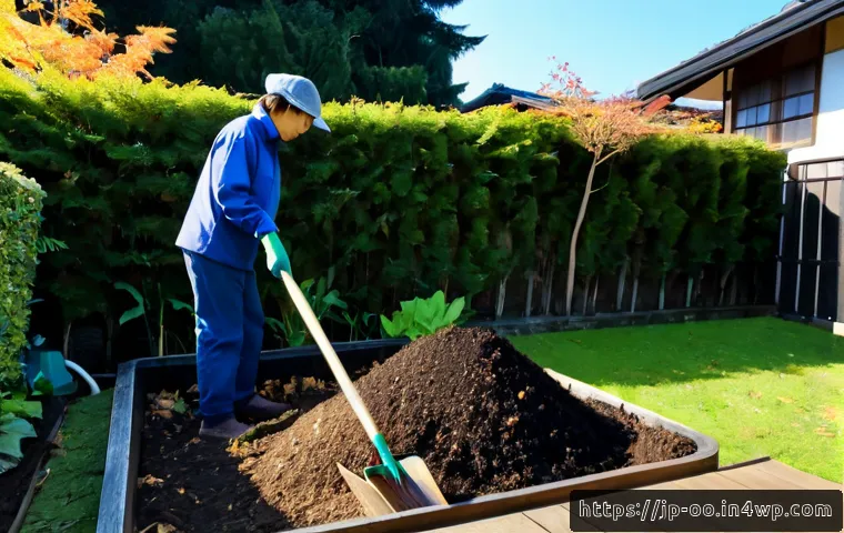 퇴비화 시스템 구축의 기초부터 전문가까지 - Photorealistic backyard composting setup for beginners, clear wooden three-bin compost system beside...