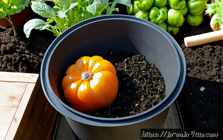 퇴비화 프로세스 단계별 안내 - Photorealistic Japanese home garden composting setup, clear three-stage process shown from left to r...