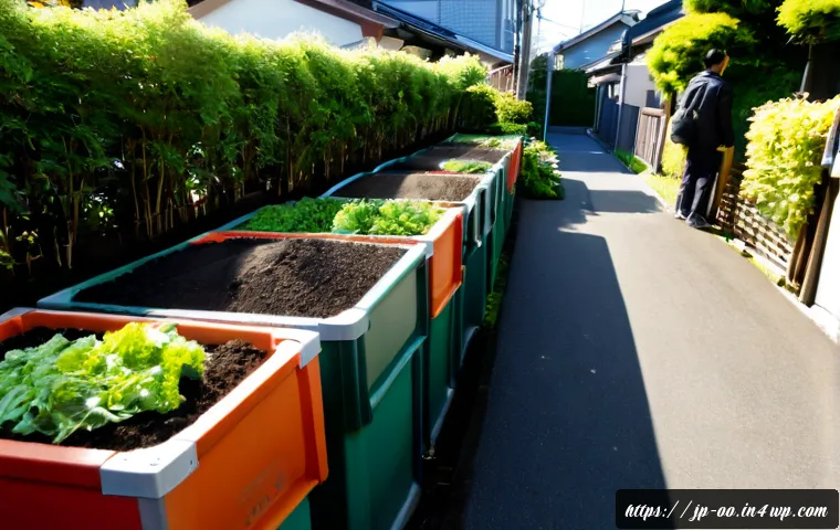 퇴비화 시스템이 지역 환경에 미치는 영향 - Photorealistic Japanese neighborhood community composting system beside a small urban garden, neatly...